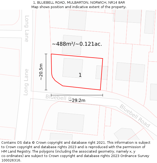 1, BLUEBELL ROAD, MULBARTON, NORWICH, NR14 8AR: Plot and title map