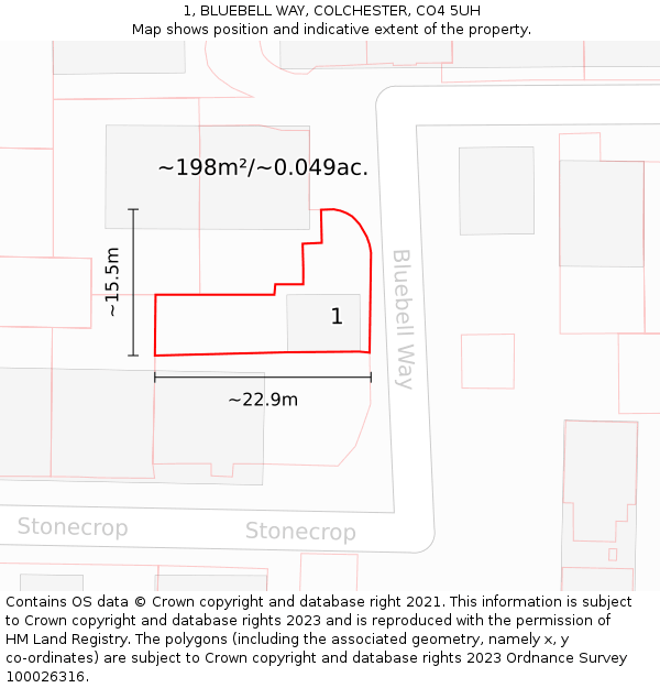 1, BLUEBELL WAY, COLCHESTER, CO4 5UH: Plot and title map