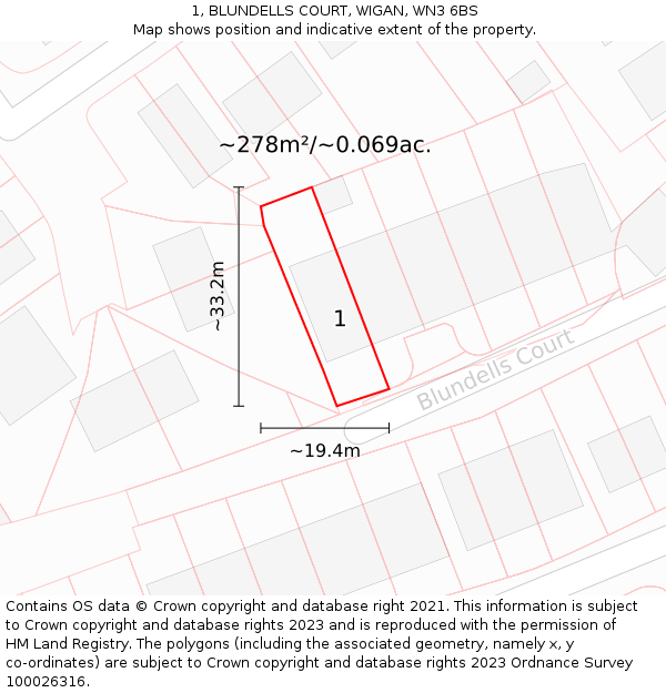 1, BLUNDELLS COURT, WIGAN, WN3 6BS: Plot and title map