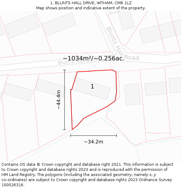 1, BLUNTS HALL DRIVE, WITHAM, CM8 1LZ: Plot and title map