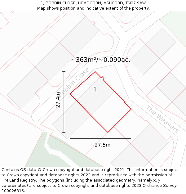 1, BOBBIN CLOSE, HEADCORN, ASHFORD, TN27 9AW: Plot and title map
