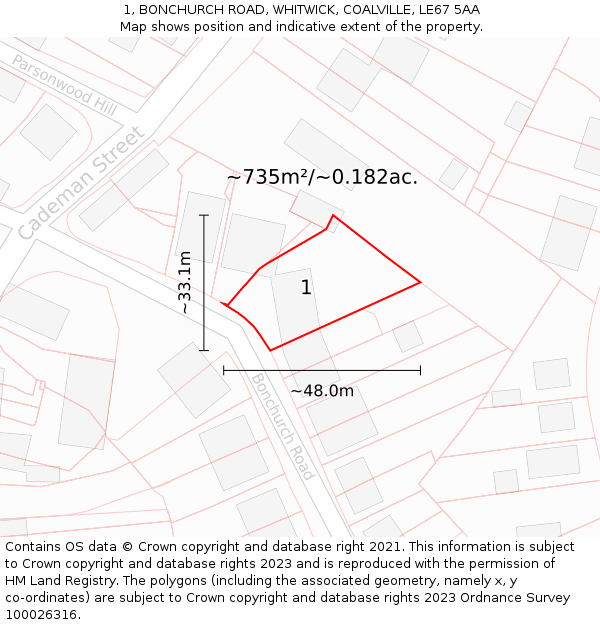 1, BONCHURCH ROAD, WHITWICK, COALVILLE, LE67 5AA: Plot and title map