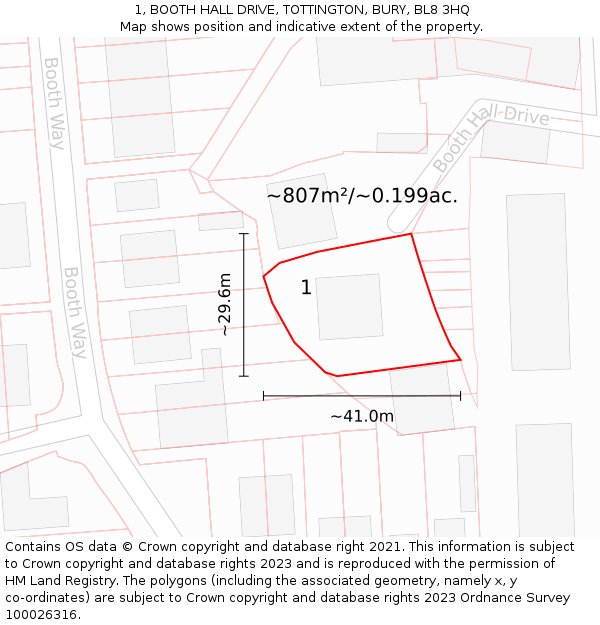 1, BOOTH HALL DRIVE, TOTTINGTON, BURY, BL8 3HQ: Plot and title map