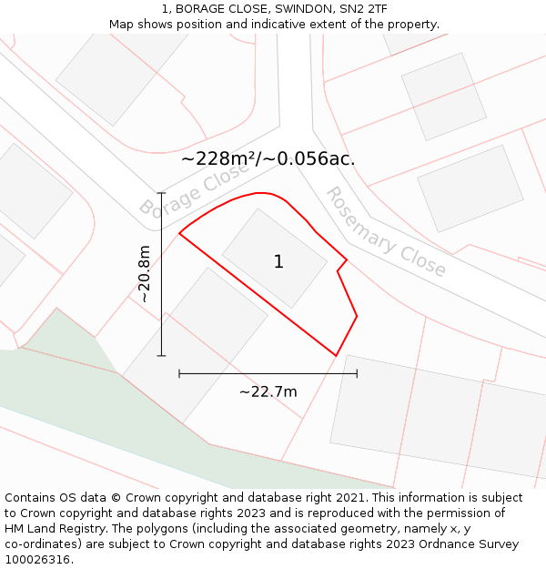 1, BORAGE CLOSE, SWINDON, SN2 2TF: Plot and title map