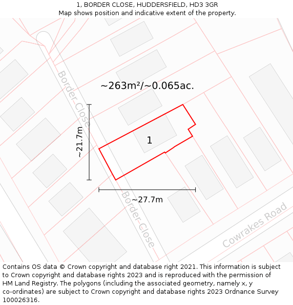 1, BORDER CLOSE, HUDDERSFIELD, HD3 3GR: Plot and title map