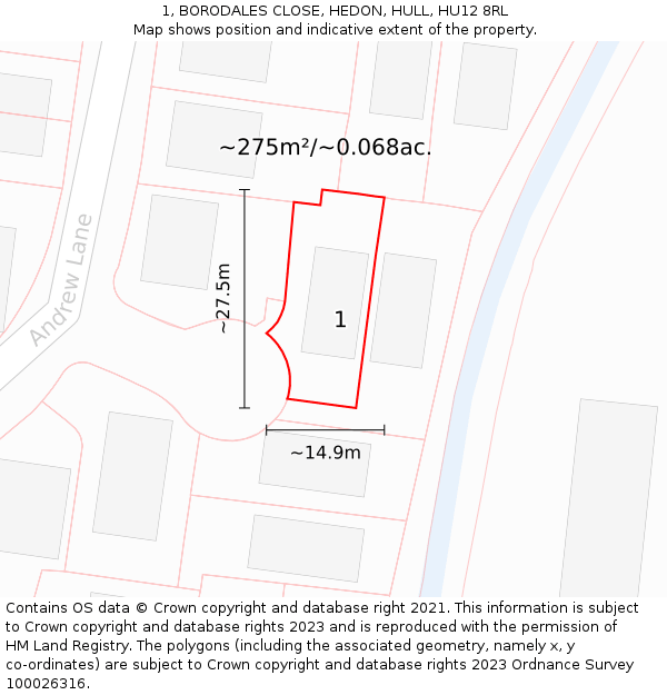 1, BORODALES CLOSE, HEDON, HULL, HU12 8RL: Plot and title map