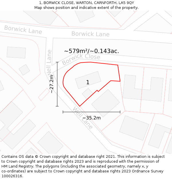 1, BORWICK CLOSE, WARTON, CARNFORTH, LA5 9QY: Plot and title map