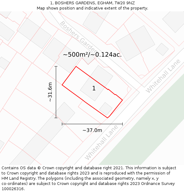 1, BOSHERS GARDENS, EGHAM, TW20 9NZ: Plot and title map