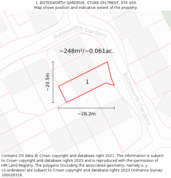 1, BOTESWORTH GARDENS, STOKE-ON-TRENT, ST6 4SA: Plot and title map