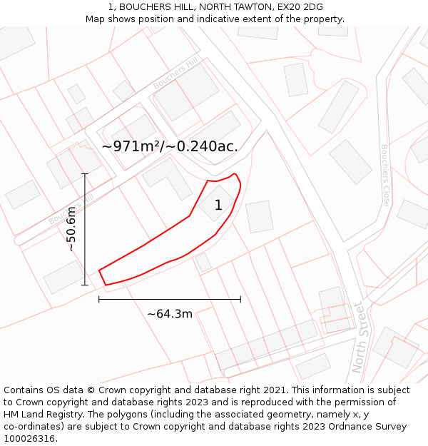 1, BOUCHERS HILL, NORTH TAWTON, EX20 2DG: Plot and title map