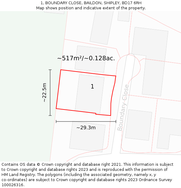 1, BOUNDARY CLOSE, BAILDON, SHIPLEY, BD17 6RH: Plot and title map