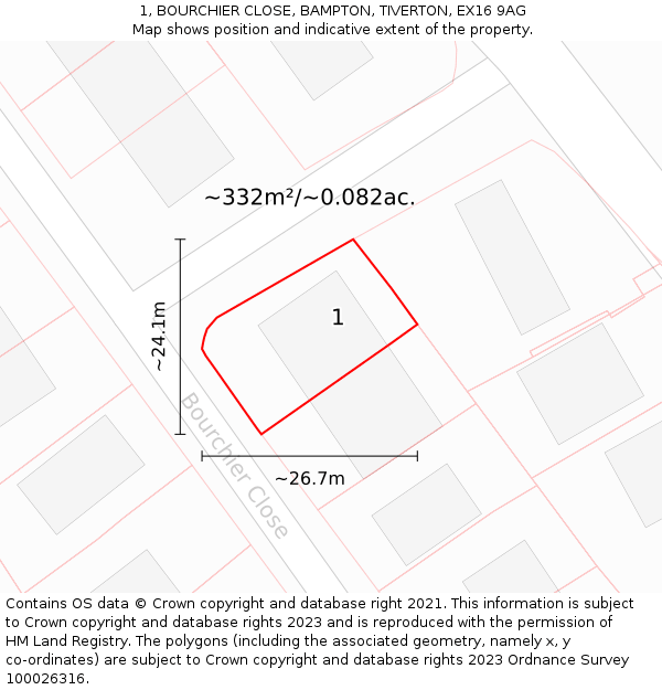 1, BOURCHIER CLOSE, BAMPTON, TIVERTON, EX16 9AG: Plot and title map