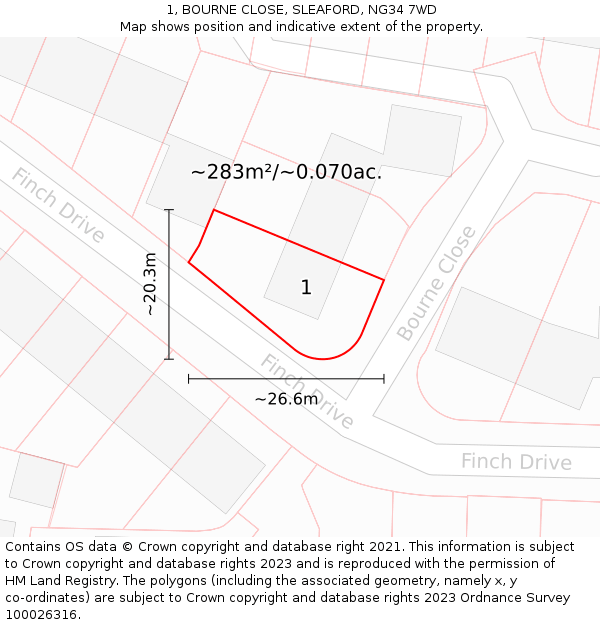 1, BOURNE CLOSE, SLEAFORD, NG34 7WD: Plot and title map