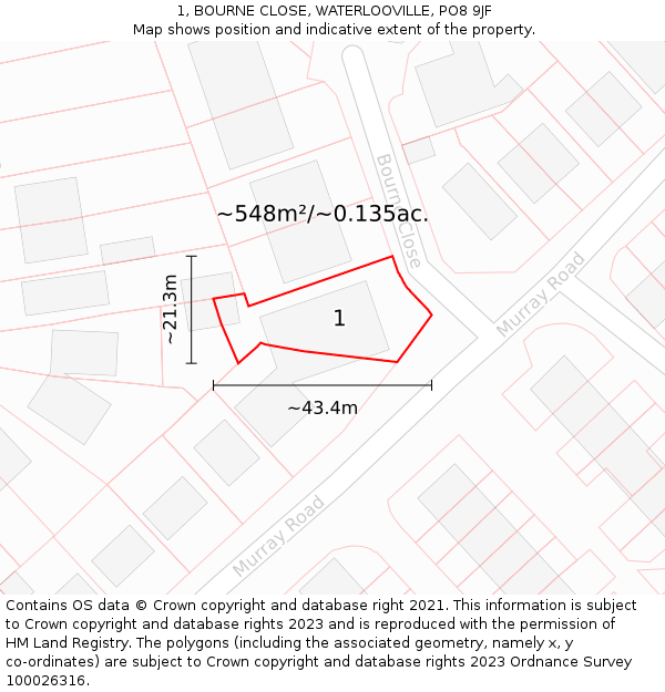 1, BOURNE CLOSE, WATERLOOVILLE, PO8 9JF: Plot and title map