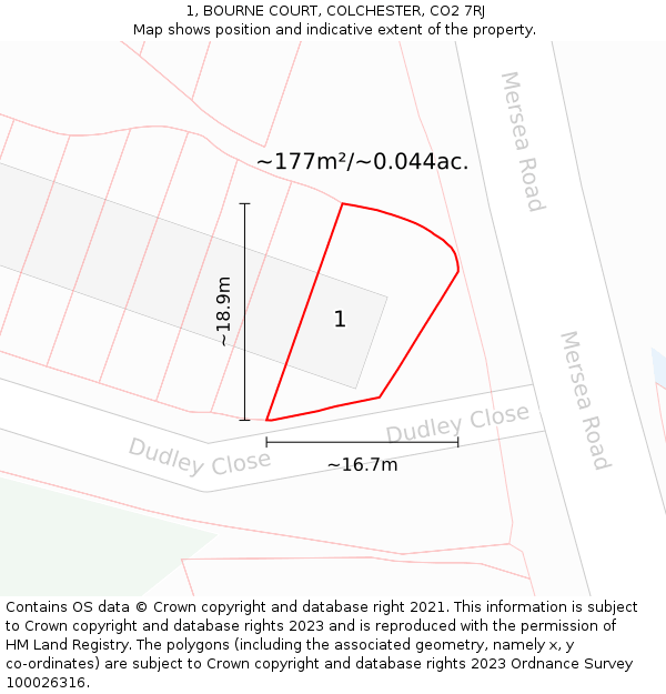 1, BOURNE COURT, COLCHESTER, CO2 7RJ: Plot and title map