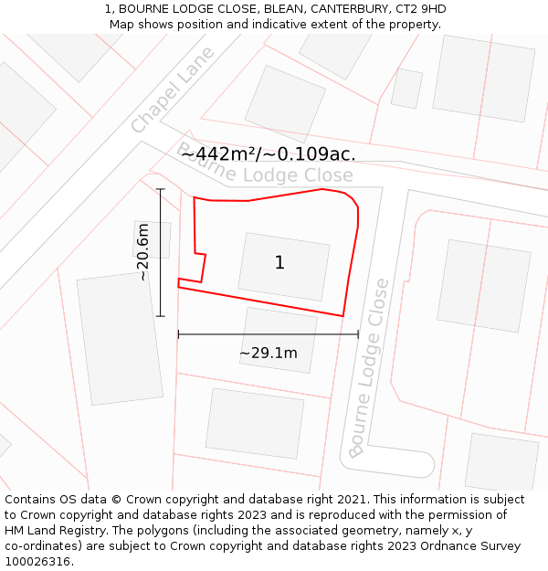 1, BOURNE LODGE CLOSE, BLEAN, CANTERBURY, CT2 9HD: Plot and title map