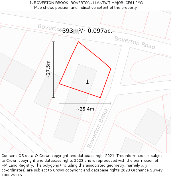 1, BOVERTON BROOK, BOVERTON, LLANTWIT MAJOR, CF61 1YG: Plot and title map