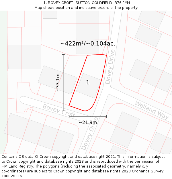 1, BOVEY CROFT, SUTTON COLDFIELD, B76 1YN: Plot and title map