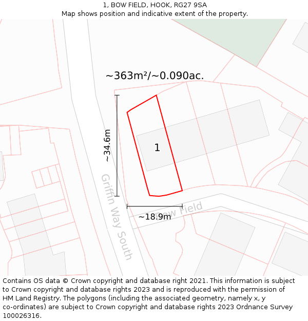 1, BOW FIELD, HOOK, RG27 9SA: Plot and title map