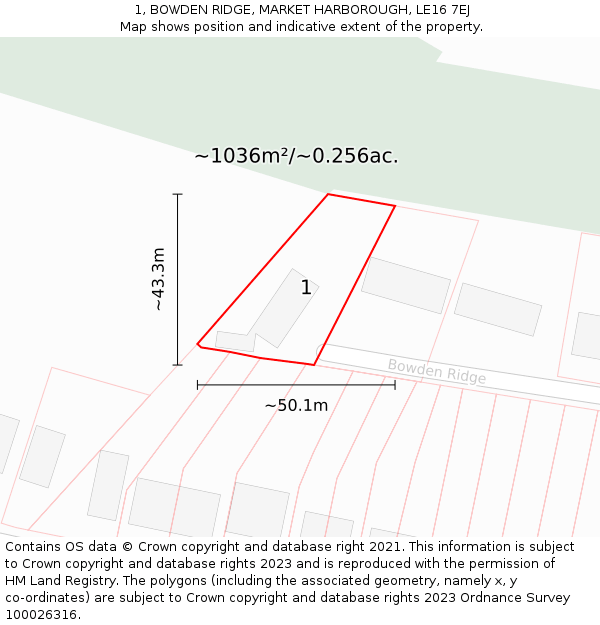 1, BOWDEN RIDGE, MARKET HARBOROUGH, LE16 7EJ: Plot and title map
