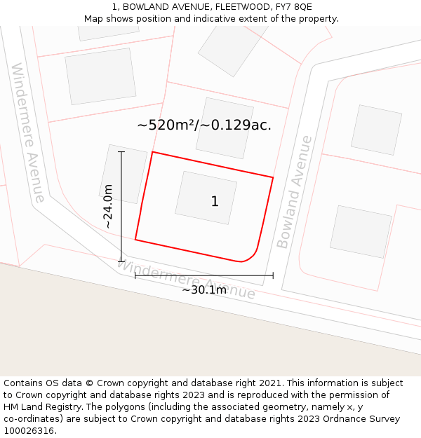 1, BOWLAND AVENUE, FLEETWOOD, FY7 8QE: Plot and title map