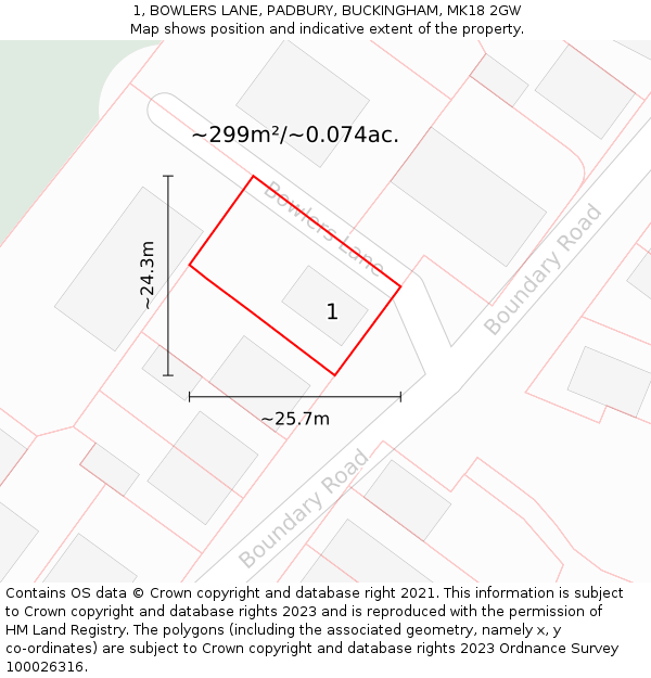 1, BOWLERS LANE, PADBURY, BUCKINGHAM, MK18 2GW: Plot and title map