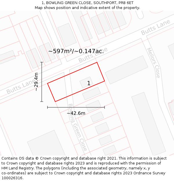 1, BOWLING GREEN CLOSE, SOUTHPORT, PR8 6ET: Plot and title map