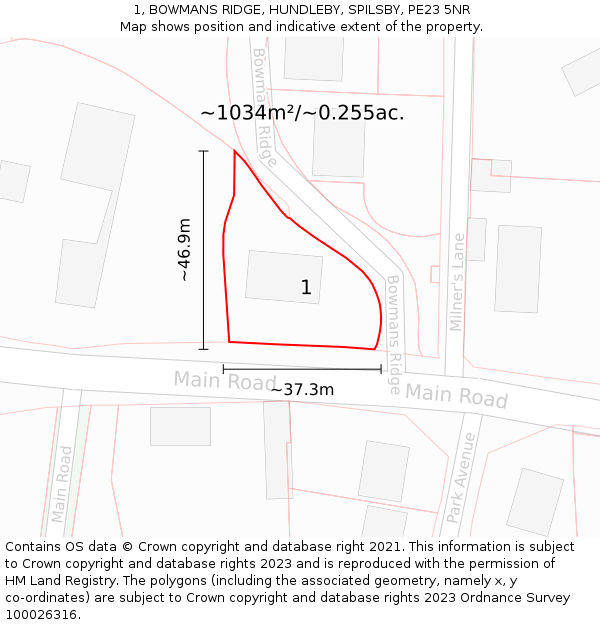 1, BOWMANS RIDGE, HUNDLEBY, SPILSBY, PE23 5NR: Plot and title map