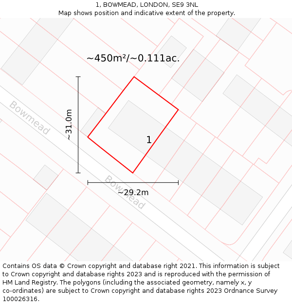 1, BOWMEAD, LONDON, SE9 3NL: Plot and title map