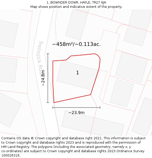 1, BOWNDER DOWR, HAYLE, TR27 6JA: Plot and title map