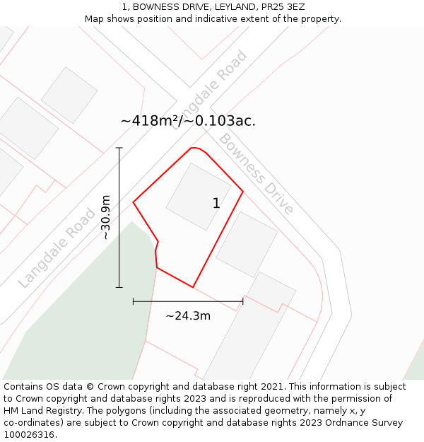 1, BOWNESS DRIVE, LEYLAND, PR25 3EZ: Plot and title map