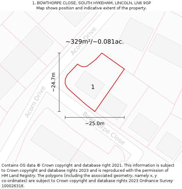 1, BOWTHORPE CLOSE, SOUTH HYKEHAM, LINCOLN, LN6 9GP: Plot and title map