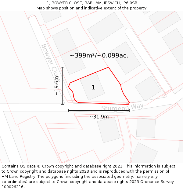1, BOWYER CLOSE, BARHAM, IPSWICH, IP6 0SR: Plot and title map