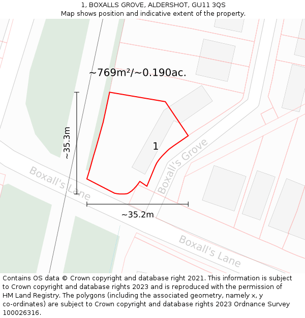 1, BOXALLS GROVE, ALDERSHOT, GU11 3QS: Plot and title map