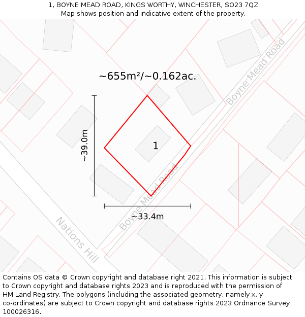 1, BOYNE MEAD ROAD, KINGS WORTHY, WINCHESTER, SO23 7QZ: Plot and title map