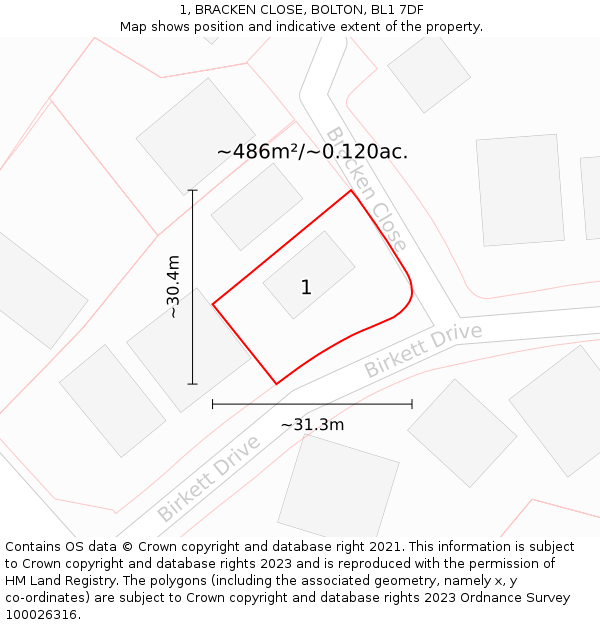 1, BRACKEN CLOSE, BOLTON, BL1 7DF: Plot and title map