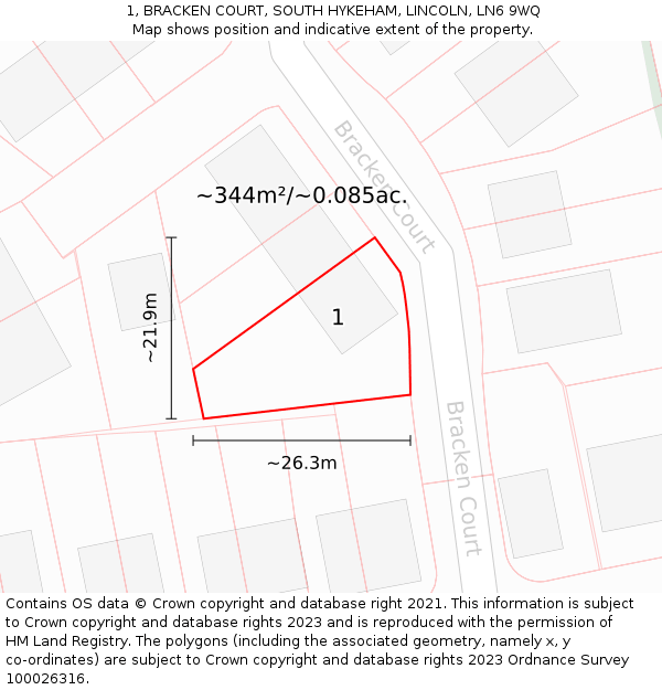 1, BRACKEN COURT, SOUTH HYKEHAM, LINCOLN, LN6 9WQ: Plot and title map