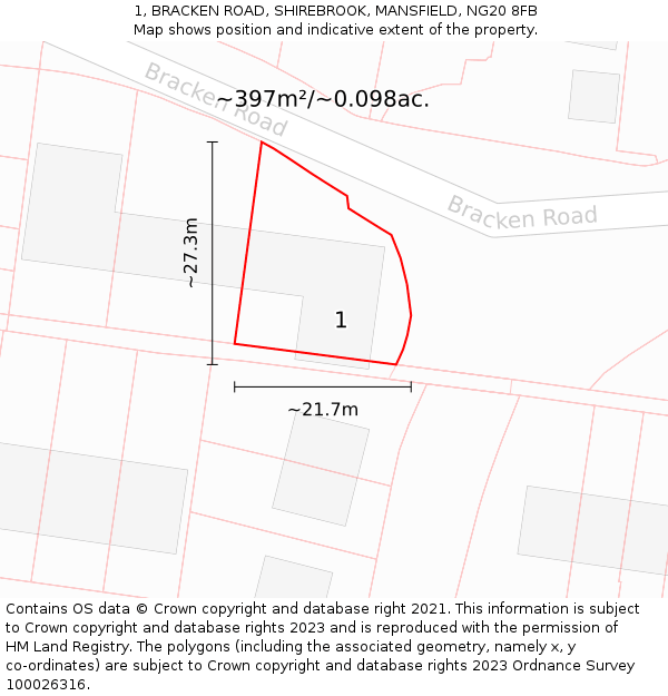 1, BRACKEN ROAD, SHIREBROOK, MANSFIELD, NG20 8FB: Plot and title map