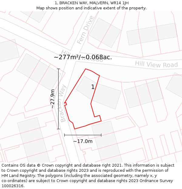 1, BRACKEN WAY, MALVERN, WR14 1JH: Plot and title map