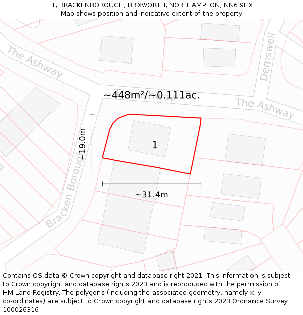 1, BRACKENBOROUGH, BRIXWORTH, NORTHAMPTON, NN6 9HX: Plot and title map