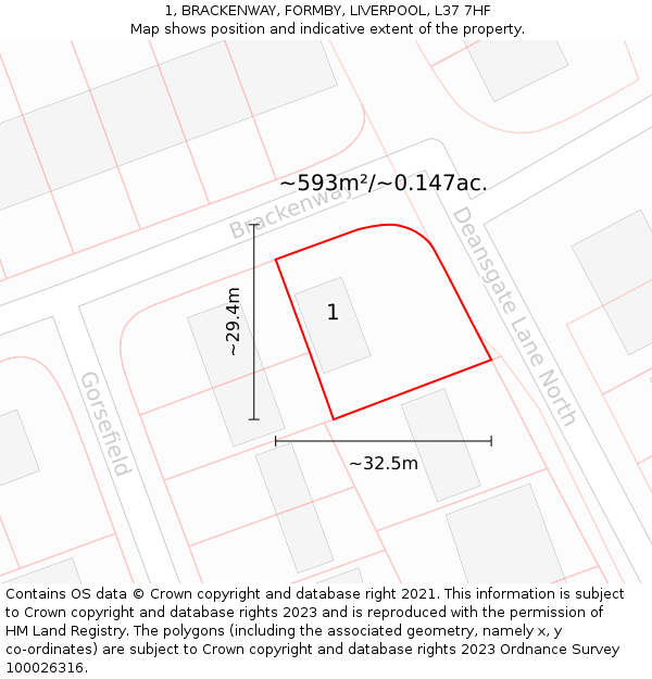 1, BRACKENWAY, FORMBY, LIVERPOOL, L37 7HF: Plot and title map