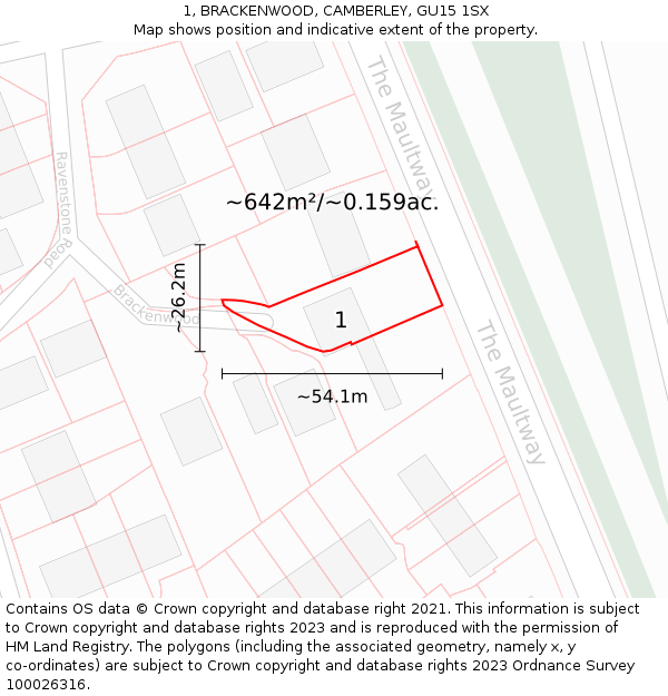 1, BRACKENWOOD, CAMBERLEY, GU15 1SX: Plot and title map