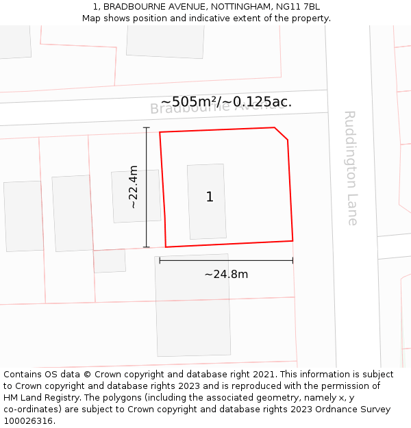 1, BRADBOURNE AVENUE, NOTTINGHAM, NG11 7BL: Plot and title map