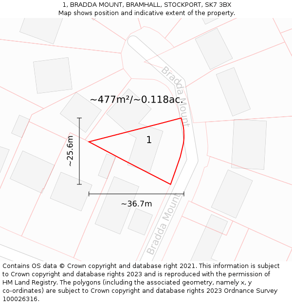 1, BRADDA MOUNT, BRAMHALL, STOCKPORT, SK7 3BX: Plot and title map