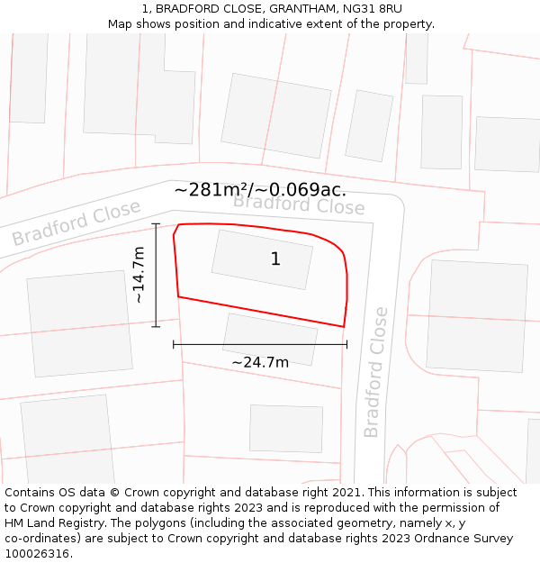 1, BRADFORD CLOSE, GRANTHAM, NG31 8RU: Plot and title map