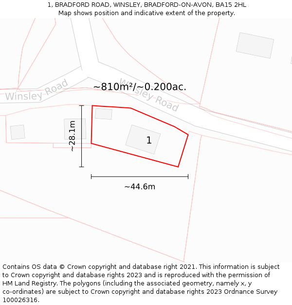 1, BRADFORD ROAD, WINSLEY, BRADFORD-ON-AVON, BA15 2HL: Plot and title map