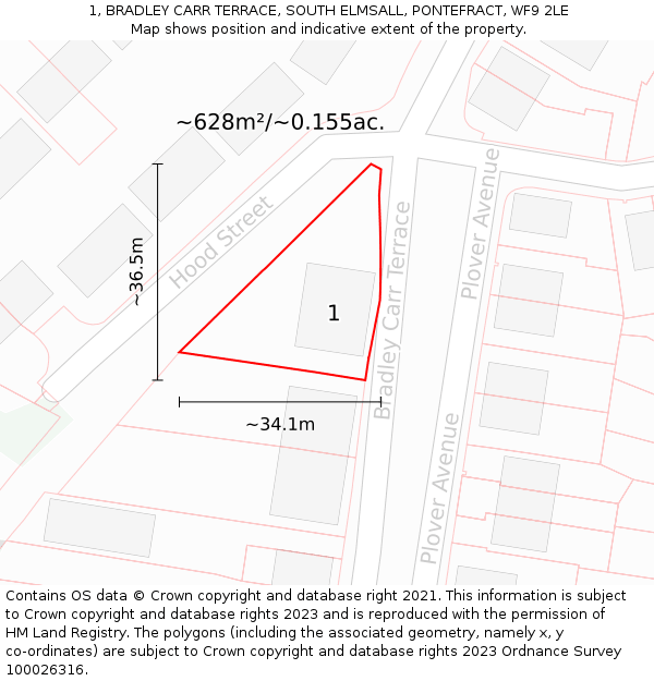 1, BRADLEY CARR TERRACE, SOUTH ELMSALL, PONTEFRACT, WF9 2LE: Plot and title map