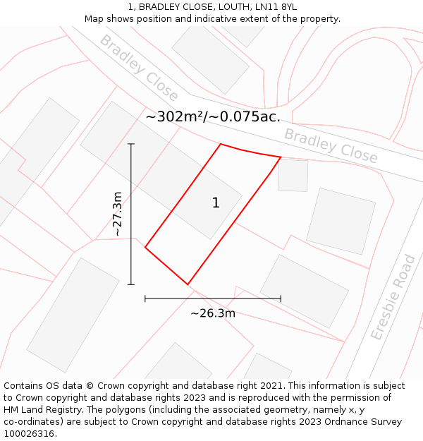 1, BRADLEY CLOSE, LOUTH, LN11 8YL: Plot and title map