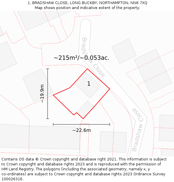 1, BRADSHAW CLOSE, LONG BUCKBY, NORTHAMPTON, NN6 7XQ: Plot and title map