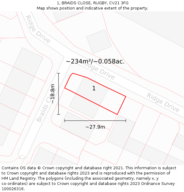 1, BRAIDS CLOSE, RUGBY, CV21 3FG: Plot and title map